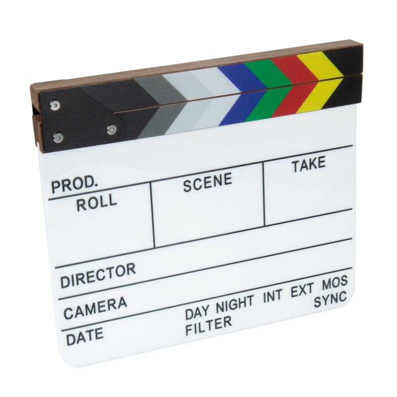 A classic film clapperboard with a white writing surface, black text fields, and a hinged wooden clapper top featuring the color stripes of black, gray, white, green, red, and yellow. The board is shown isolated on a solid white background.