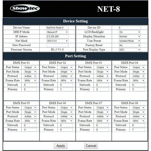 NET-8/5 - 8 Universe Artnet/SACN node, 5p XLR